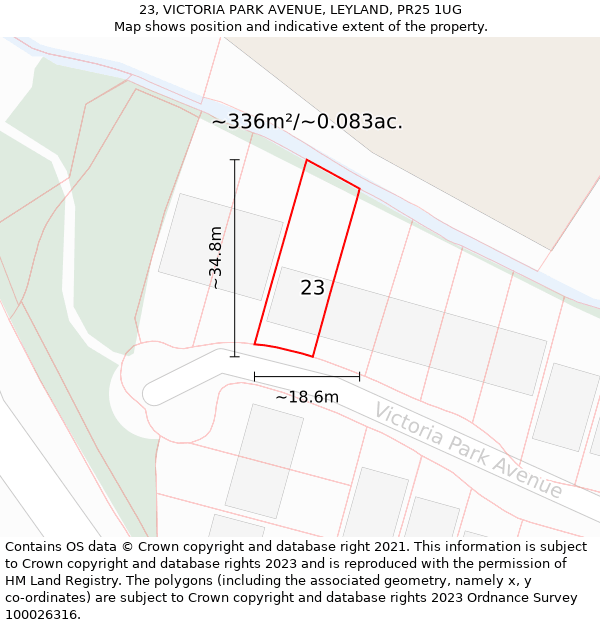 23, VICTORIA PARK AVENUE, LEYLAND, PR25 1UG: Plot and title map