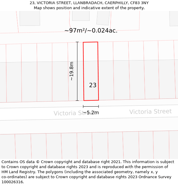 23, VICTORIA STREET, LLANBRADACH, CAERPHILLY, CF83 3NY: Plot and title map