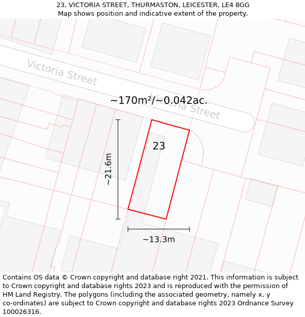 23, VICTORIA STREET, THURMASTON, LEICESTER, LE4 8GG: Plot and title map