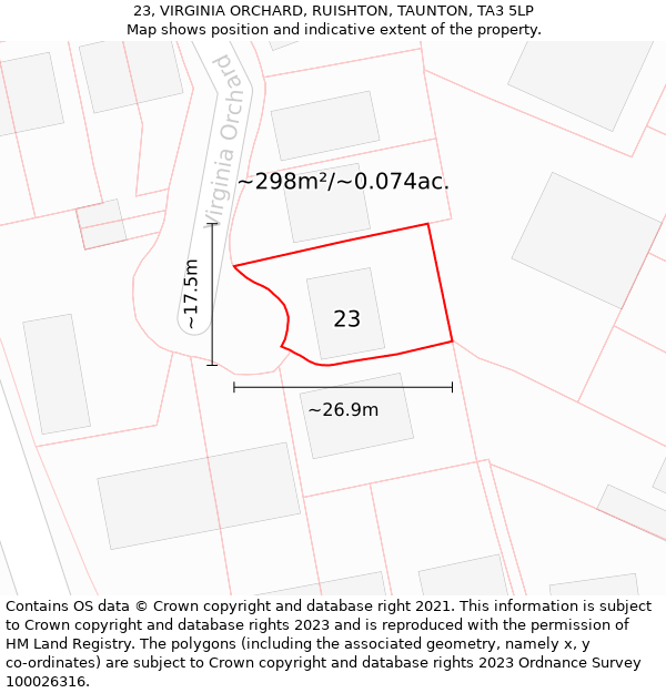 23, VIRGINIA ORCHARD, RUISHTON, TAUNTON, TA3 5LP: Plot and title map