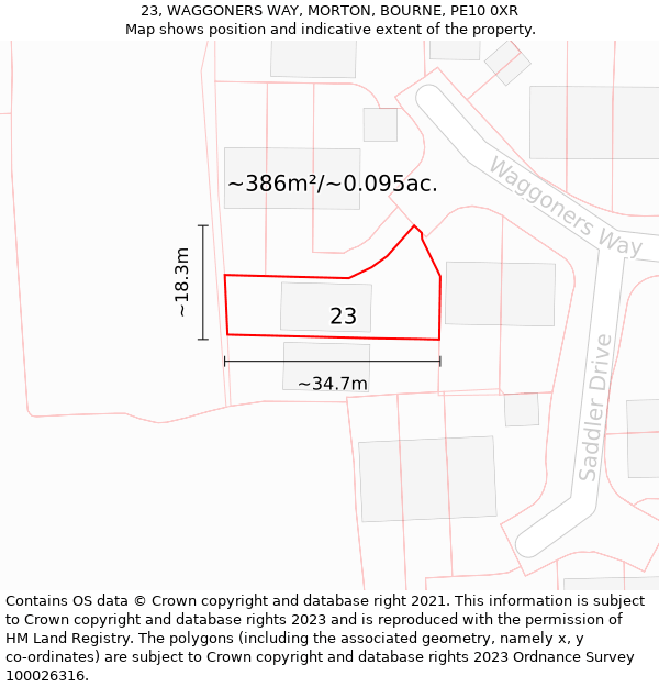 23, WAGGONERS WAY, MORTON, BOURNE, PE10 0XR: Plot and title map