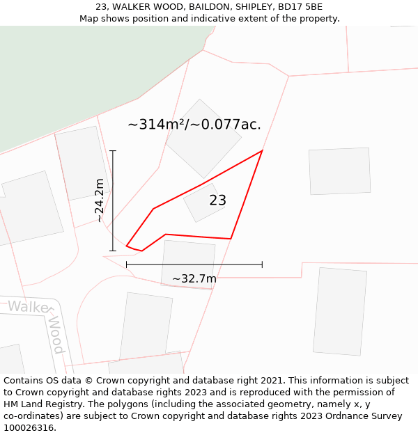23, WALKER WOOD, BAILDON, SHIPLEY, BD17 5BE: Plot and title map