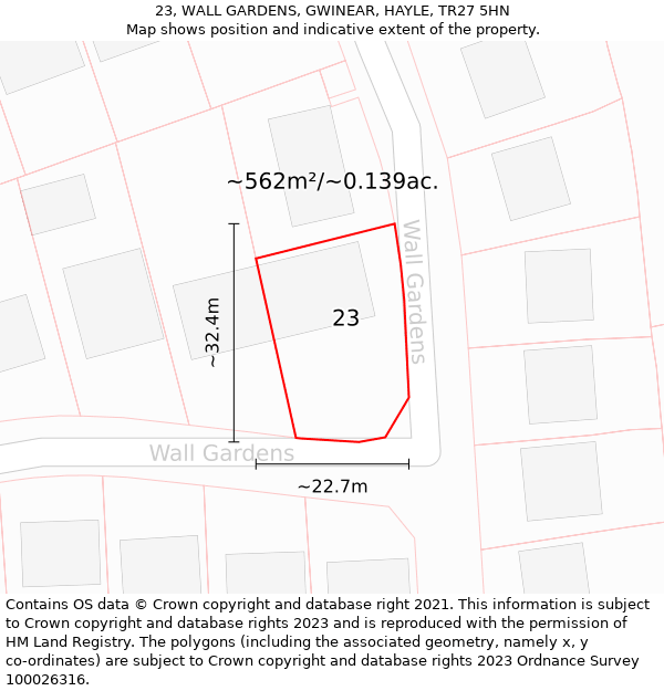 23, WALL GARDENS, GWINEAR, HAYLE, TR27 5HN: Plot and title map