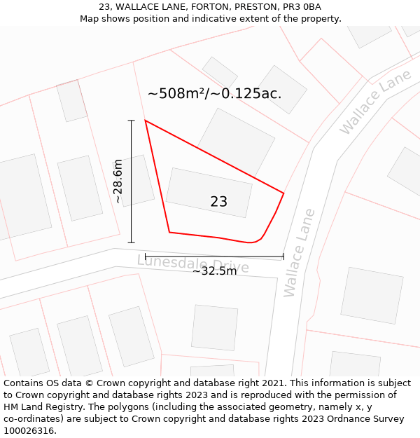 23, WALLACE LANE, FORTON, PRESTON, PR3 0BA: Plot and title map