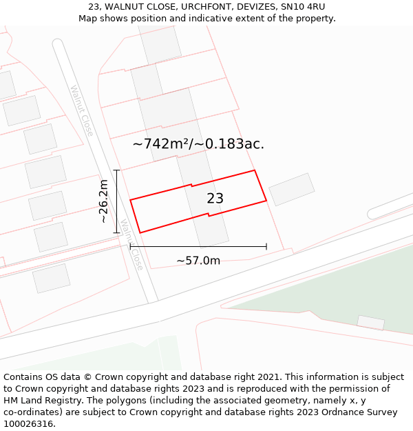 23, WALNUT CLOSE, URCHFONT, DEVIZES, SN10 4RU: Plot and title map