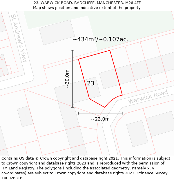 23, WARWICK ROAD, RADCLIFFE, MANCHESTER, M26 4FF: Plot and title map