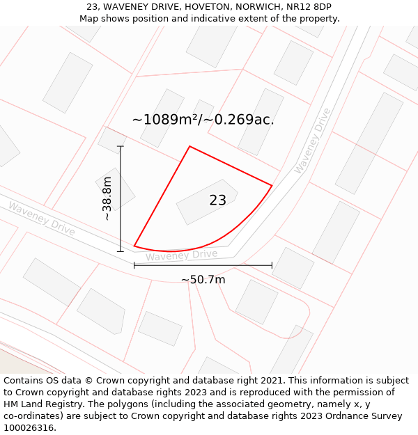 23, WAVENEY DRIVE, HOVETON, NORWICH, NR12 8DP: Plot and title map