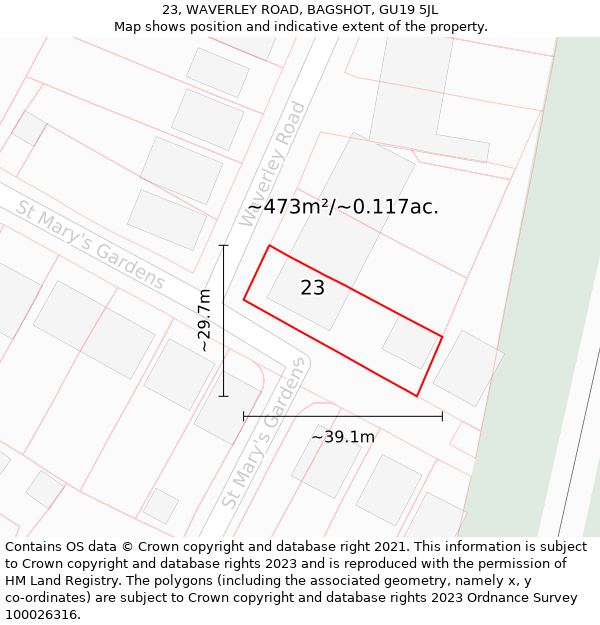 23, WAVERLEY ROAD, BAGSHOT, GU19 5JL: Plot and title map