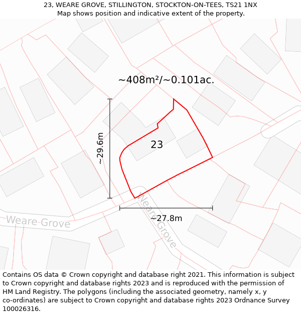 23, WEARE GROVE, STILLINGTON, STOCKTON-ON-TEES, TS21 1NX: Plot and title map