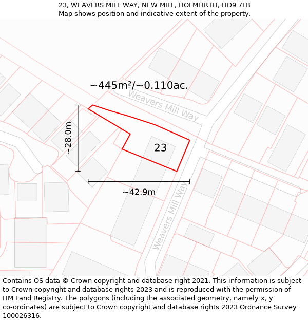 23, WEAVERS MILL WAY, NEW MILL, HOLMFIRTH, HD9 7FB: Plot and title map