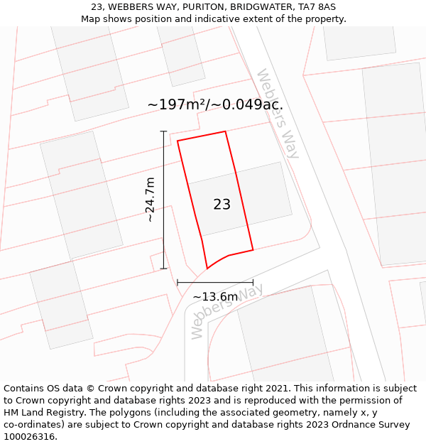 23, WEBBERS WAY, PURITON, BRIDGWATER, TA7 8AS: Plot and title map