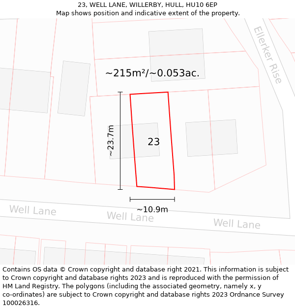 23, WELL LANE, WILLERBY, HULL, HU10 6EP: Plot and title map