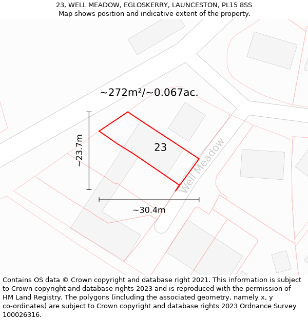 23, WELL MEADOW, EGLOSKERRY, LAUNCESTON, PL15 8SS: Plot and title map