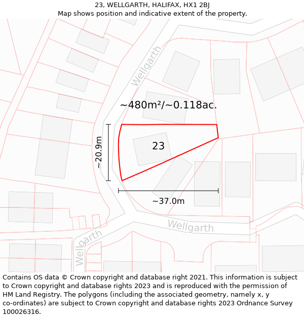 23, WELLGARTH, HALIFAX, HX1 2BJ: Plot and title map