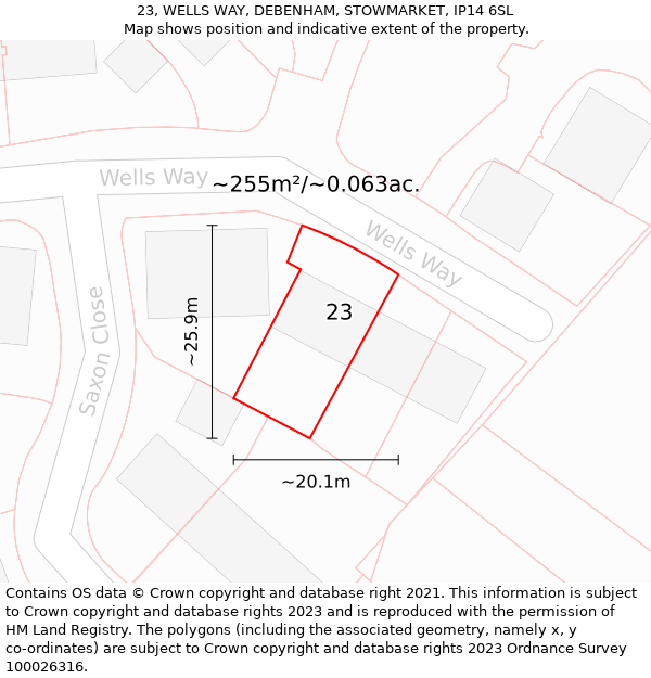 23, WELLS WAY, DEBENHAM, STOWMARKET, IP14 6SL: Plot and title map