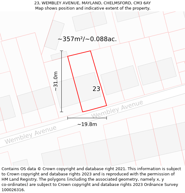 23, WEMBLEY AVENUE, MAYLAND, CHELMSFORD, CM3 6AY: Plot and title map