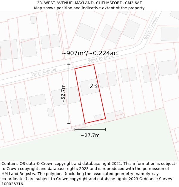 23, WEST AVENUE, MAYLAND, CHELMSFORD, CM3 6AE: Plot and title map