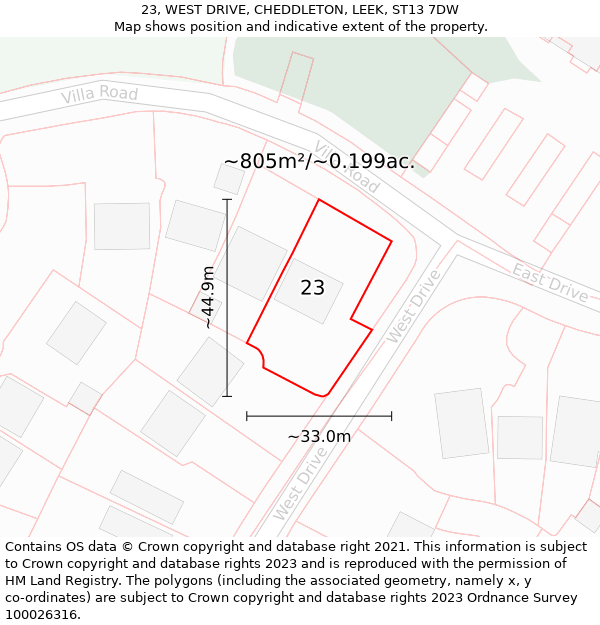 23, WEST DRIVE, CHEDDLETON, LEEK, ST13 7DW: Plot and title map