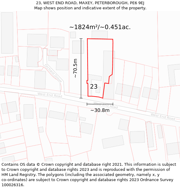 23, WEST END ROAD, MAXEY, PETERBOROUGH, PE6 9EJ: Plot and title map