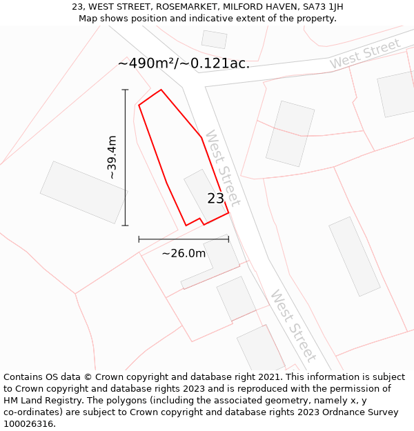 23, WEST STREET, ROSEMARKET, MILFORD HAVEN, SA73 1JH: Plot and title map