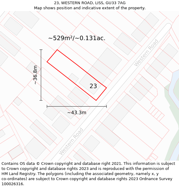 23, WESTERN ROAD, LISS, GU33 7AG: Plot and title map