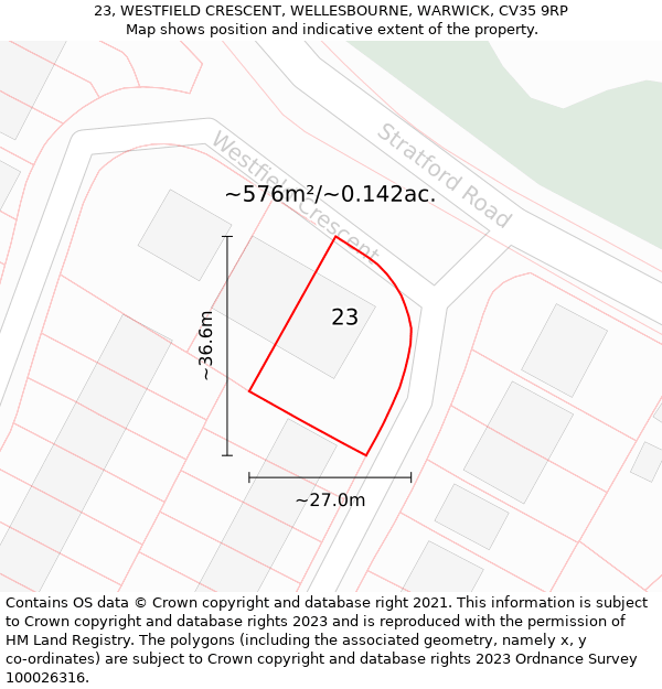 23, WESTFIELD CRESCENT, WELLESBOURNE, WARWICK, CV35 9RP: Plot and title map