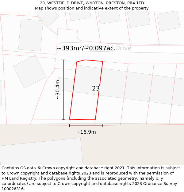 23, WESTFIELD DRIVE, WARTON, PRESTON, PR4 1ED: Plot and title map