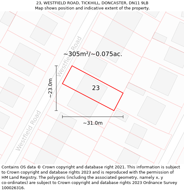 23, WESTFIELD ROAD, TICKHILL, DONCASTER, DN11 9LB: Plot and title map