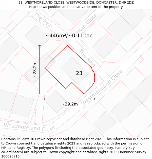 23, WESTMORELAND CLOSE, WESTWOODSIDE, DONCASTER, DN9 2DZ: Plot and title map