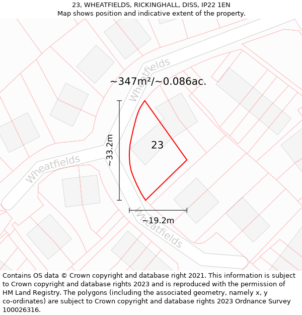 23, WHEATFIELDS, RICKINGHALL, DISS, IP22 1EN: Plot and title map