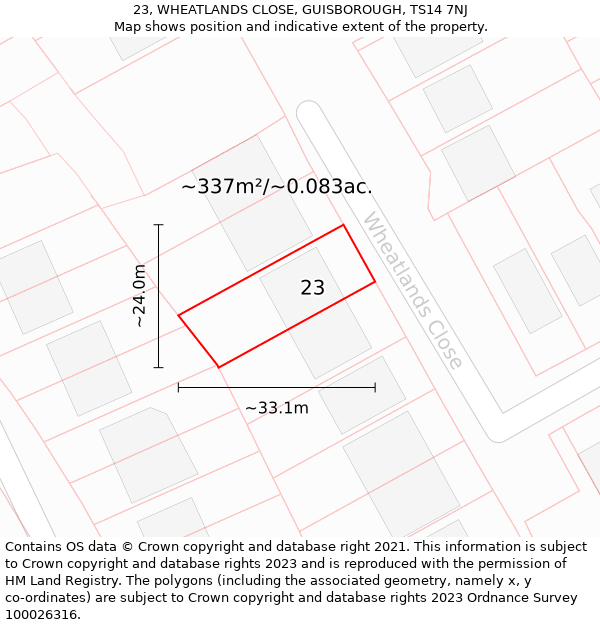 23, WHEATLANDS CLOSE, GUISBOROUGH, TS14 7NJ: Plot and title map