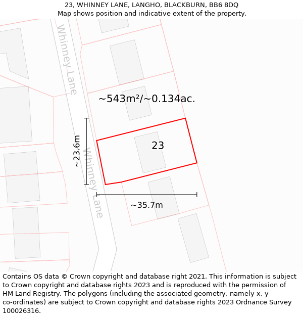 23, WHINNEY LANE, LANGHO, BLACKBURN, BB6 8DQ: Plot and title map