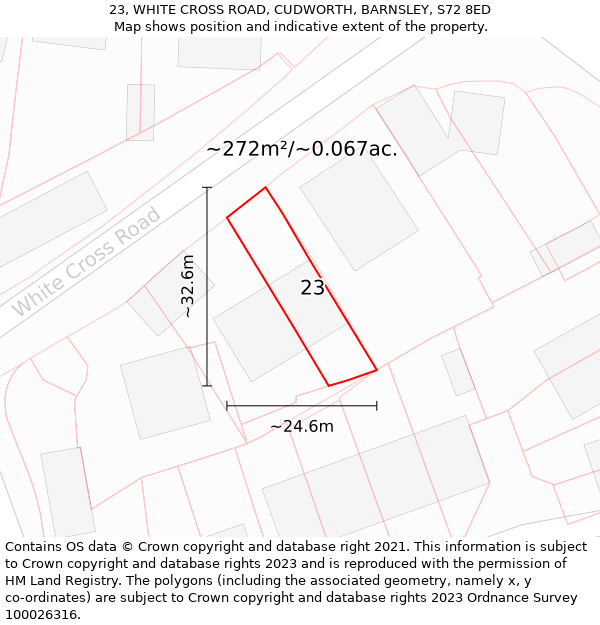 23, WHITE CROSS ROAD, CUDWORTH, BARNSLEY, S72 8ED: Plot and title map