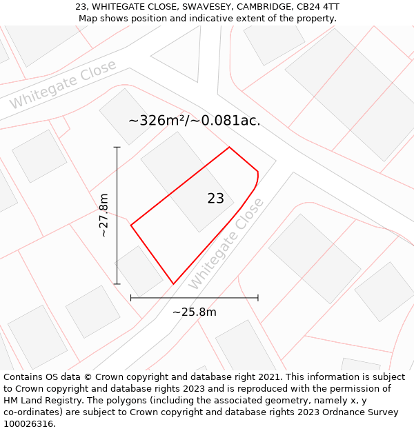 23, WHITEGATE CLOSE, SWAVESEY, CAMBRIDGE, CB24 4TT: Plot and title map