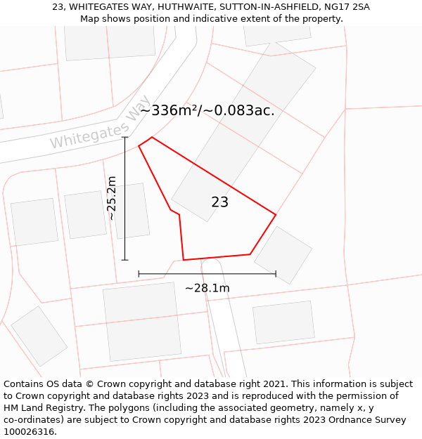 23, WHITEGATES WAY, HUTHWAITE, SUTTON-IN-ASHFIELD, NG17 2SA: Plot and title map