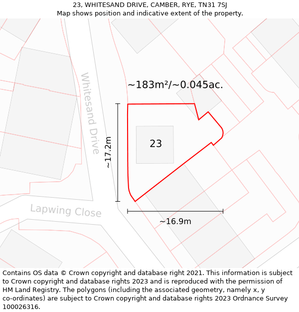 23, WHITESAND DRIVE, CAMBER, RYE, TN31 7SJ: Plot and title map