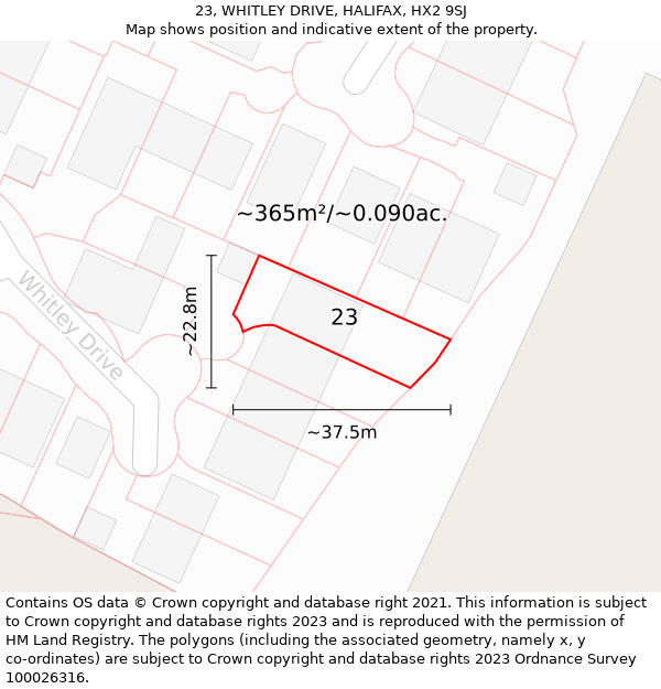 23, WHITLEY DRIVE, HALIFAX, HX2 9SJ: Plot and title map