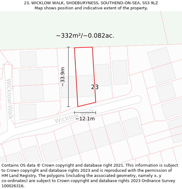 23, WICKLOW WALK, SHOEBURYNESS, SOUTHEND-ON-SEA, SS3 9LZ: Plot and title map