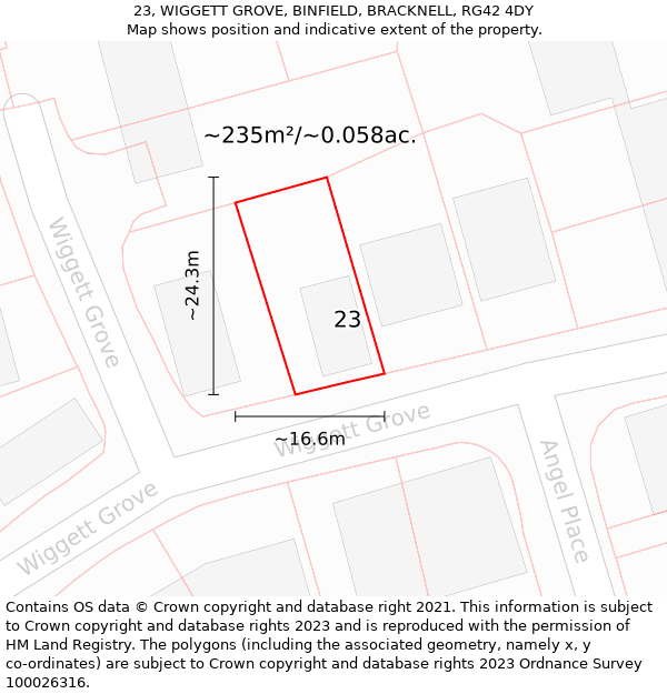 23, WIGGETT GROVE, BINFIELD, BRACKNELL, RG42 4DY: Plot and title map