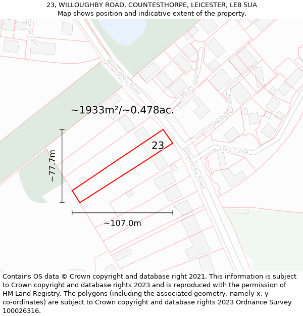 23, WILLOUGHBY ROAD, COUNTESTHORPE, LEICESTER, LE8 5UA: Plot and title map
