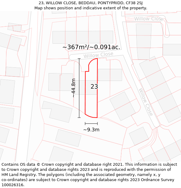 23, WILLOW CLOSE, BEDDAU, PONTYPRIDD, CF38 2SJ: Plot and title map