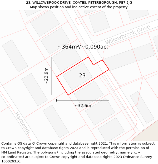 23, WILLOWBROOK DRIVE, COATES, PETERBOROUGH, PE7 2JG: Plot and title map