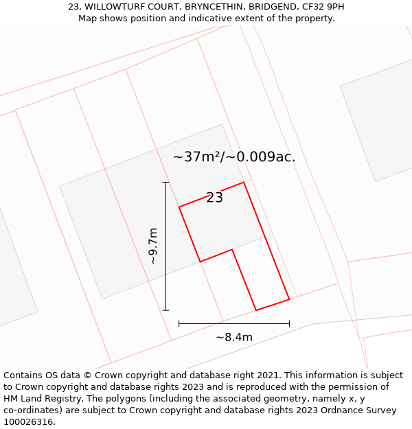 23, WILLOWTURF COURT, BRYNCETHIN, BRIDGEND, CF32 9PH: Plot and title map
