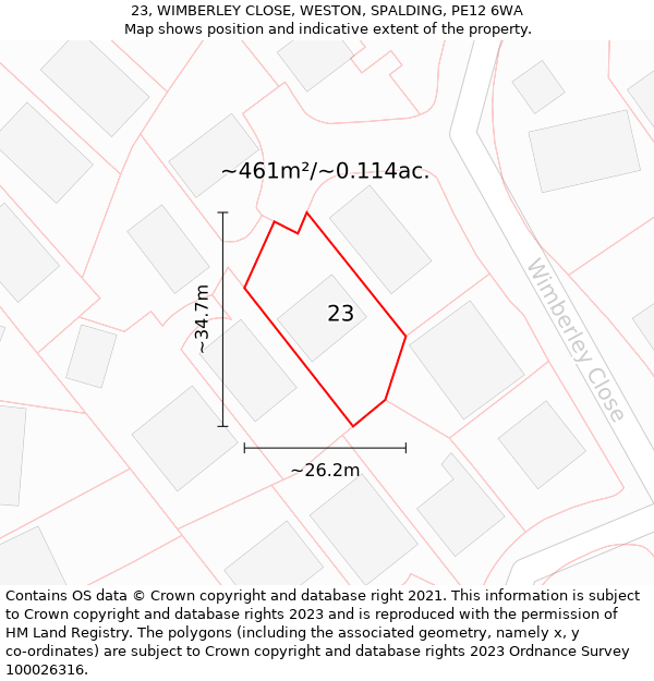 23, WIMBERLEY CLOSE, WESTON, SPALDING, PE12 6WA: Plot and title map