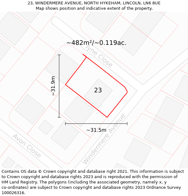 23, WINDERMERE AVENUE, NORTH HYKEHAM, LINCOLN, LN6 8UE: Plot and title map