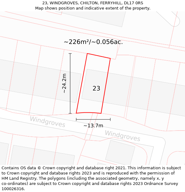 23, WINDGROVES, CHILTON, FERRYHILL, DL17 0RS: Plot and title map