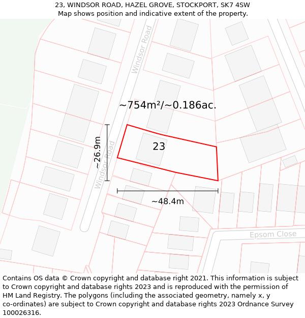 23, WINDSOR ROAD, HAZEL GROVE, STOCKPORT, SK7 4SW: Plot and title map