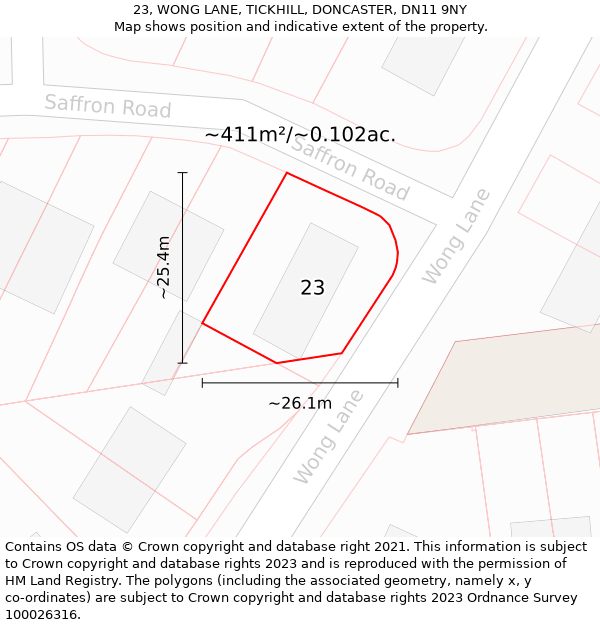 23, WONG LANE, TICKHILL, DONCASTER, DN11 9NY: Plot and title map