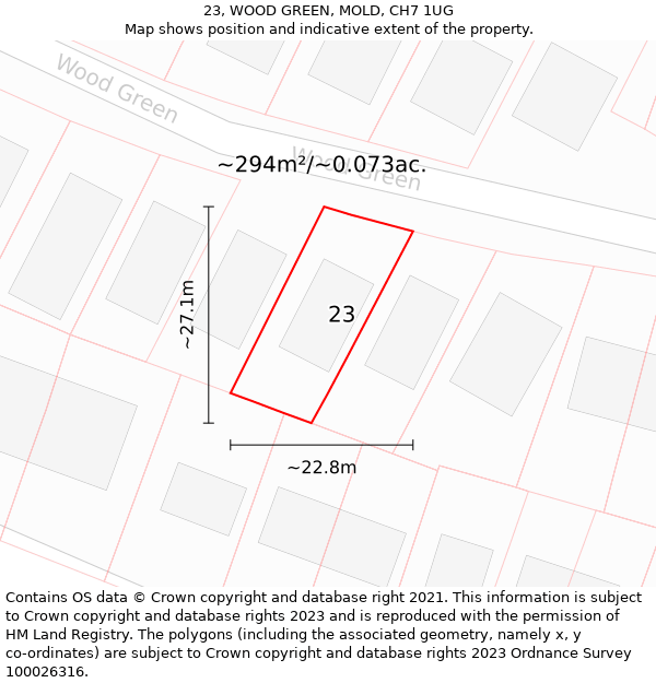 23, WOOD GREEN, MOLD, CH7 1UG: Plot and title map