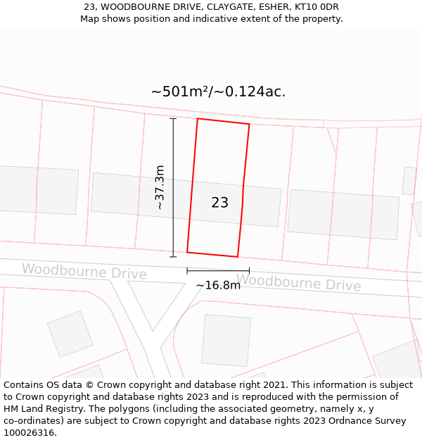 23, WOODBOURNE DRIVE, CLAYGATE, ESHER, KT10 0DR: Plot and title map